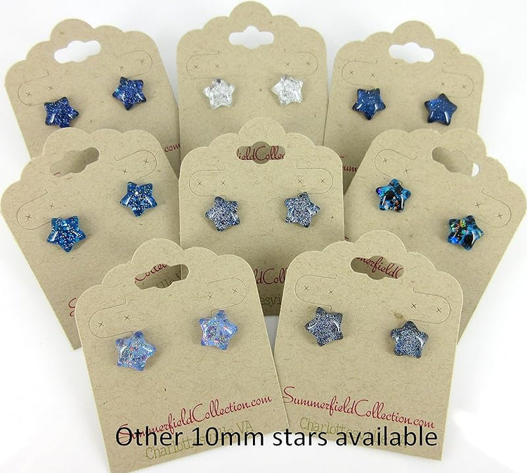 Summerfield Collection Blue Holographic Star Glitter Glass Galaxy Stud Earrings 10mm Hand-painted