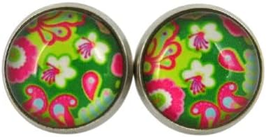 Summerfield Collection Stainless Steel Green and Pink Flower Paisley Print Glass Stud Earrings 12mm Vintage Vibe