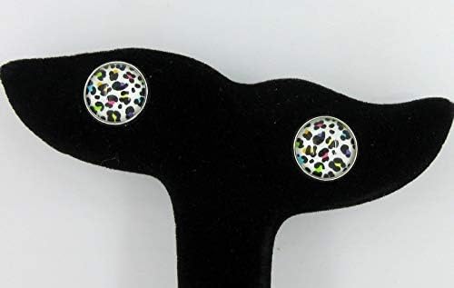Summerfield Collection Silver-tone White and Rainbow Cheetah Animal Print Glass Stud Earrings 12mm