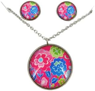 Summerfield Collection Stainless Steel Floral Printed Glass Necklace Stud Earrings Set (Pink)