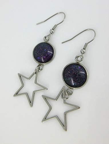 Summerfield Collection Stainless Steel Purple Blue Red Galaxy Glitter Glass Star Charm Dangle Earrings