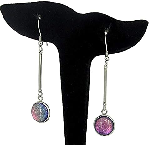 Summerfield Collection Stainless Steel Dark Pink Rainbow Colorshift Glitter Glass Matchstick Dangle Earrings