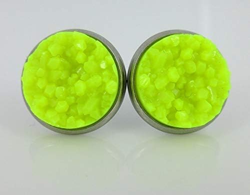 Summerfield Collection Duo Neon Stud Earrings Stainless Steel Faux Druzy Stone 12mm Set (Pink/Yellow)