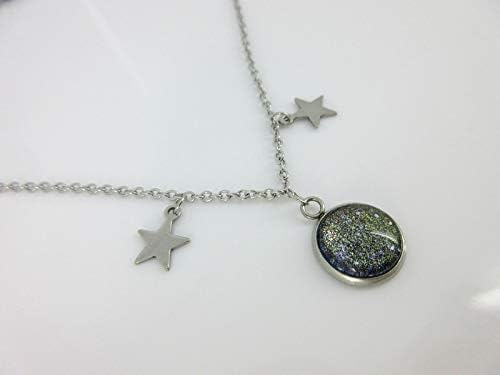 Summerfield Collection Stainless Steel Galaxy Glitter Glass Pendant Star Charm Choker Necklace
