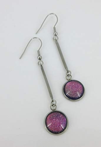 Summerfield Collection Stainless Steel Dark Pink Rainbow Colorshift Glitter Glass Matchstick Dangle Earrings