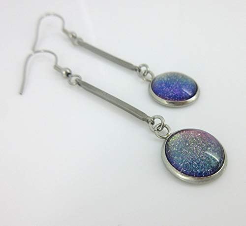 Summerfield Collection Stainless Steel Dark Pink Rainbow Colorshift Glitter Glass Matchstick Dangle Earrings