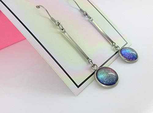Summerfield Collection Stainless Steel Dark Pink Rainbow Colorshift Glitter Glass Matchstick Dangle Earrings
