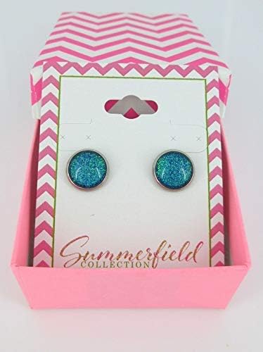 Summerfield Collection Stainless Steel Blue Green Glitter Glass Stud Earrings Hand-painted 10mm