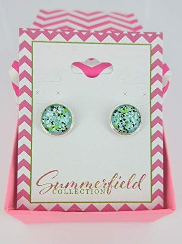 Summerfield Collection Silver-tone Blue Black Green White Glitter Glass Stud Earrings Hand-painted 10mm