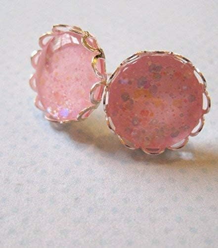 Summerfield Collection Stainless Steel Light Pink Iridescent Glitter Glass Stud Earrings Hand-painted 12mm