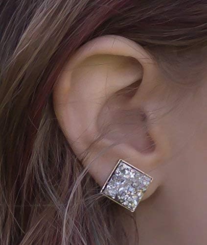 Summerfield Collection Silver-tone Metallic Geometric Square Shaped Chunky Faux Druzy Stud Earrings 12mm Statement (Silver)