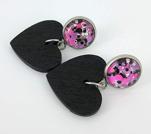 Summerfield Collection Stainless Steel Pink Purple White Glitter Glass Black Heart Wood Drop Earrings