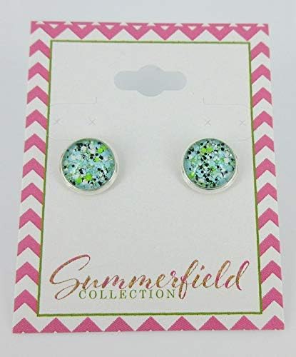 Summerfield Collection Silver-tone Blue Black Green White Glitter Glass Stud Earrings Hand-painted 10mm