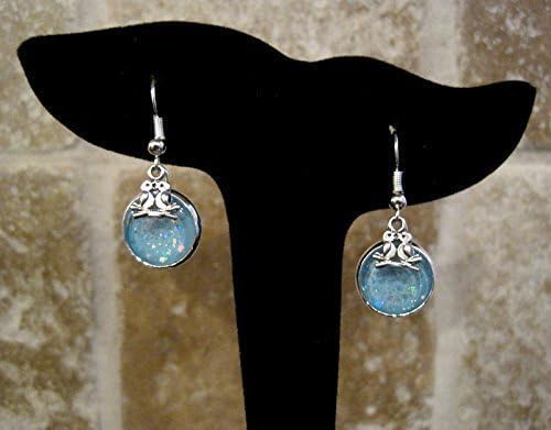 Summerfield Collection Silver-tone Robin Egg Blue Iridescent Glitter Glass Lovebirds Charm Dangle Earrings