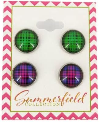 Summerfield Collection Stainless Steel Duo Stud Earrings Plaid Print Glass 12mm Set (Dark)
