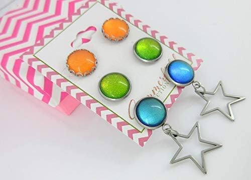 Summerfield Collection Stainless Steel Neon Tropical Summer Glass Stud and Star Dangle Trio Earrings Set