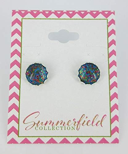 Summerfield Collection Silver-tone Aqua Blue and Rainbow Flake Glass Stud Earrings Hand-painted 10mm