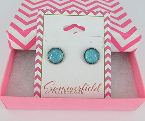 Summerfield Collection Stainless Steel Ocean Green Blue Glitter Glass Stud Earrings Hand-painted 10mm