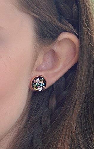 Summerfield Collection Rose Gold-tone Confetti Glitter Black Glass Stud Earrings Hand-painted 12mm