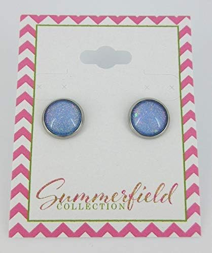 Summerfield Collection Stainless Steel Sky Blue and Rainbow Glitter Flake Glass Stud Earrings Hand-painted (10mm)