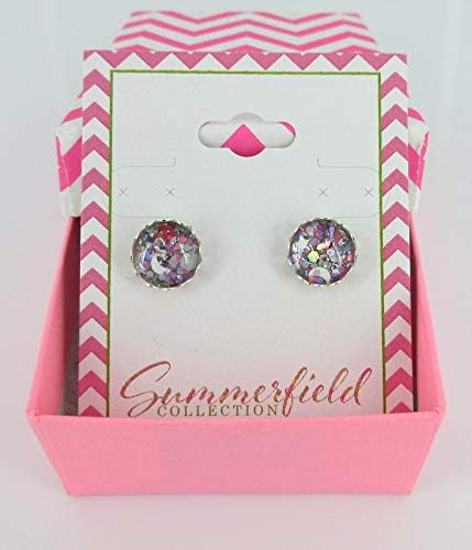 Summerfield Collection Silver-tone Gray Pink and White Glitter Glass Stud Earrings Hand-painted 10mm