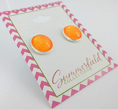 Summerfield Collection Silver-tone Neon Orange Glitter Glass Stud Earrings Hand-painted 12mm