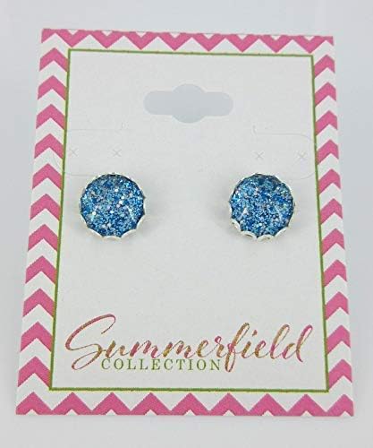 Summerfield Collection Silver-tone Blue Sparkle Glitter Glass Stud Earrings Hand-painted 10mm