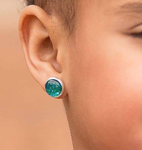 Summerfield Collection Silver-tone Aqua Blue and Green Glitter Glass Stud Earrings Hand-painted 10mm