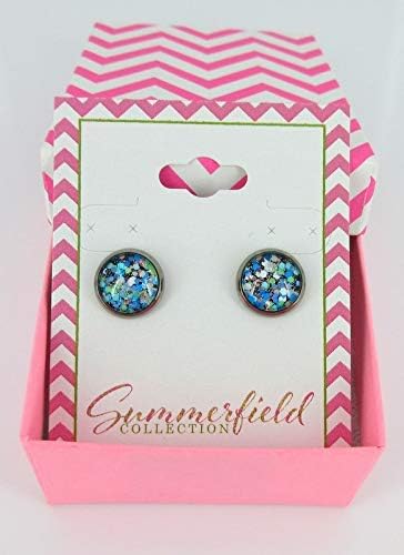 Summerfield Collection Hematite-tone Blue Green White Glitter Glass Stud Earrings Hand-painted 10mm