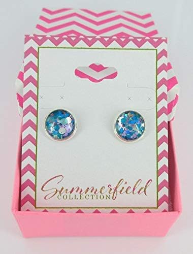 Summerfield Collection Silver-tone Blue and Purple Glitter Glass Stud Earrings Hand-painted 10mm