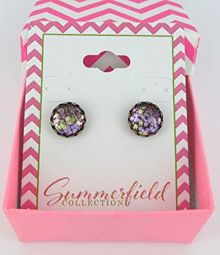 Summerfield Collection Antiqued Gold-tone Purple Glitter Glass Stud Earrings Hand-painted 10mm