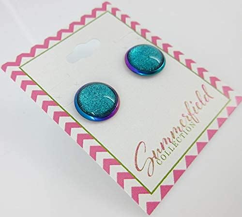 Summerfield Collection Rainbow Stainless Steel Metallic Glitter Glass Stud Earrings Hand-painted 12mm (Aqua Blue)