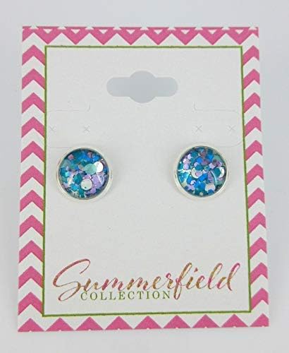 Summerfield Collection Silver-tone Blue and Purple Glitter Glass Stud Earrings Hand-painted 10mm