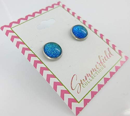 Summerfield Collection Stainless Steel Blue Green Glitter Glass Stud Earrings Hand-painted 10mm