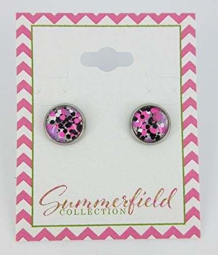 Summerfield Collection Stainless Steel Pink Purple White Black Glitter Glass Stud Earrings Hand-painted 10mm