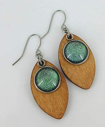 Summerfield Collection Stainless Steel Green Glitter Glass Charm Wood Leaf Dangle Earrings