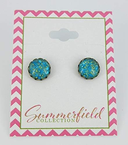 Summerfield Collection Antiqued Gold-tone Seafoam Green and Blue Glitter Glass Stud Earrings Hand-painted 10mm