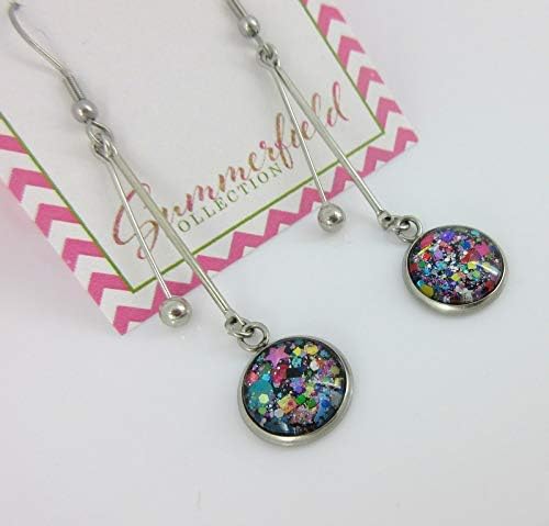 Summerfield Collection Stainless Steel Black and Confetti Glitter Glass Double Matchstick Dangle Earrings