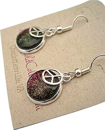 Summerfield Collection Silver-tone Black Rainbow Duochrome Flake Glitter Glass Peace Sign Charm Dangle Earrings