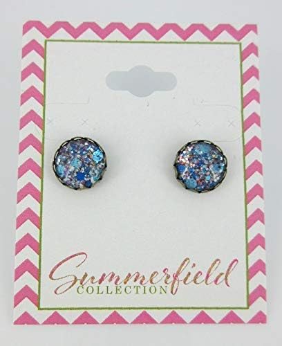 Summerfield Collection Antiqued Gold-tone Purple and Blue Glitter Glass Stud Earrings Hand-painted 10mm