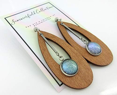 Summerfield Collection Stainless Steel Green Glitter Glass Charm Wood Teardrop Drop Earrings