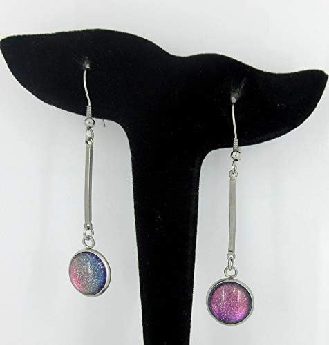 Summerfield Collection Stainless Steel Dark Pink Rainbow Colorshift Glitter Glass Matchstick Dangle Earrings