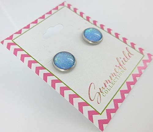 Summerfield Collection Stainless Steel Sky Blue and Rainbow Glitter Flake Glass Stud Earrings Hand-painted (10mm)