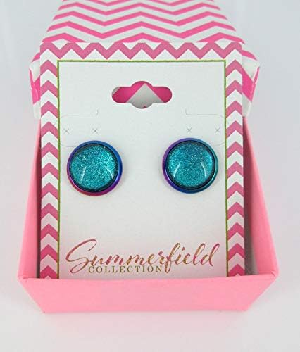 Summerfield Collection Rainbow Stainless Steel Metallic Glitter Glass Stud Earrings Hand-painted 12mm (Aqua Blue)