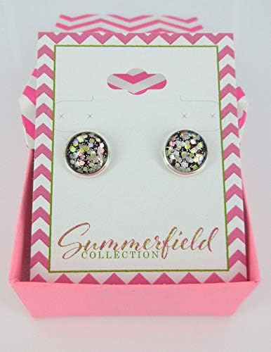 Summerfield Collection Silver-tone Burgundy Confetti Glitter Glass Stud Earrings Hand-painted 10mm