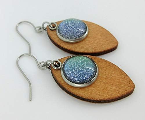 Summerfield Collection Stainless Steel Green Glitter Glass Charm Wood Leaf Dangle Earrings