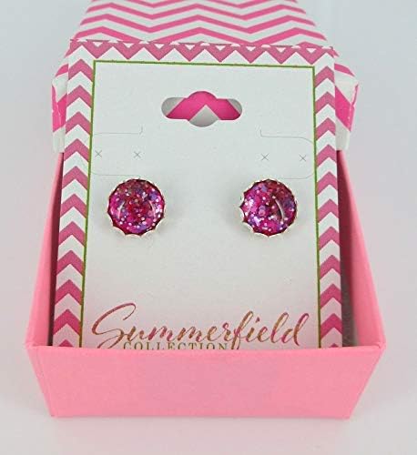 Summerfield Collection Silver-tone Hot Pink Glitter Glass Stud Earrings Hand-painted 10mm