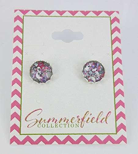 Summerfield Collection Silver-tone Gray Pink and White Glitter Glass Stud Earrings Hand-painted 10mm
