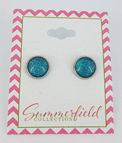 Summerfield Collection Stainless Steel Blue Green Glitter Glass Stud Earrings Hand-painted 10mm