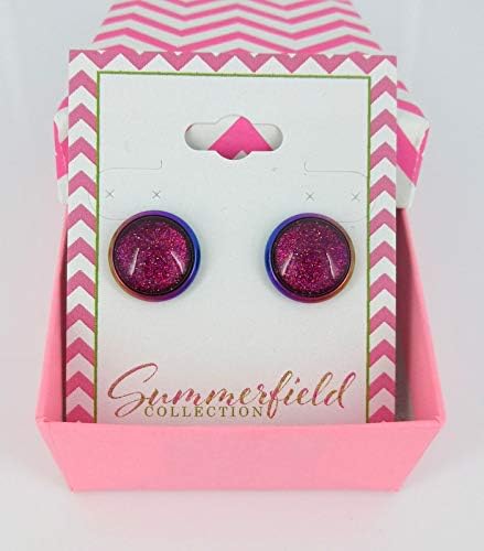 Summerfield Collection Rainbow Stainless Steel Metallic Glitter Glass Stud Earrings Hand-painted 12mm (Pink)